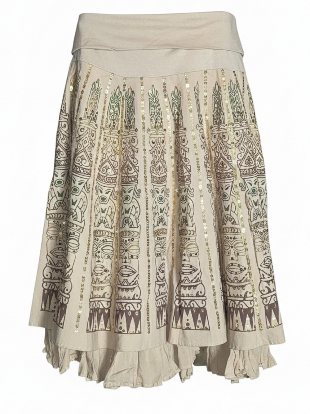 Vintage Basil & Maude Beige Printed Midi Skirt with Metallic Accents